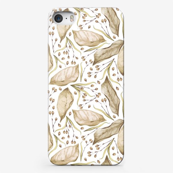 Чехол iPhone «Акварельный нарисованный вручную бесшовный фон с сухими бежевыми осенними листьями, веточками и ягодами липы»