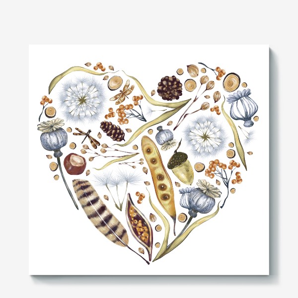 Холст «Акварельная нарисованная вручную иллюстрация в виде сердца с лесными элементами, перьями, желудями, каштанами, листьями»