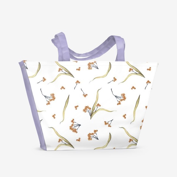 Пляжная сумка «Акварельный нарисованный вручную бесшовный фон с веточками липы и семенами липы. Оранжевые ягоды»