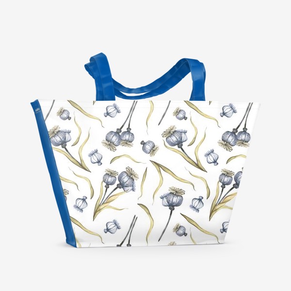 Пляжная сумка «Акварельный нарисованный вручную бесшовный фон с маками, коробочками маков. Полевые цветы»