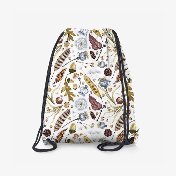 Рюкзак «Акварельный нарисованный вручную бесшовный фон с лесными растениями, элементами, перьями, желудями, каштанами, листьями»