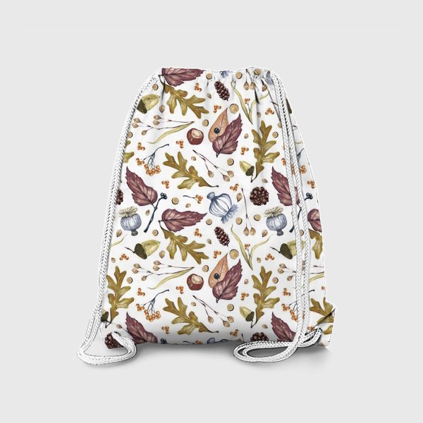 Рюкзак «Акварельный нарисованный вручную бесшовный фон с лесными растениями, элементами, перьями, желудями, каштанами, листьями»