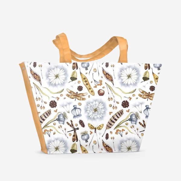Пляжная сумка «Акварельный нарисованный вручную бесшовный фон с лесными растениями, элементами, перьями, желудями, листьями, насекомыми»