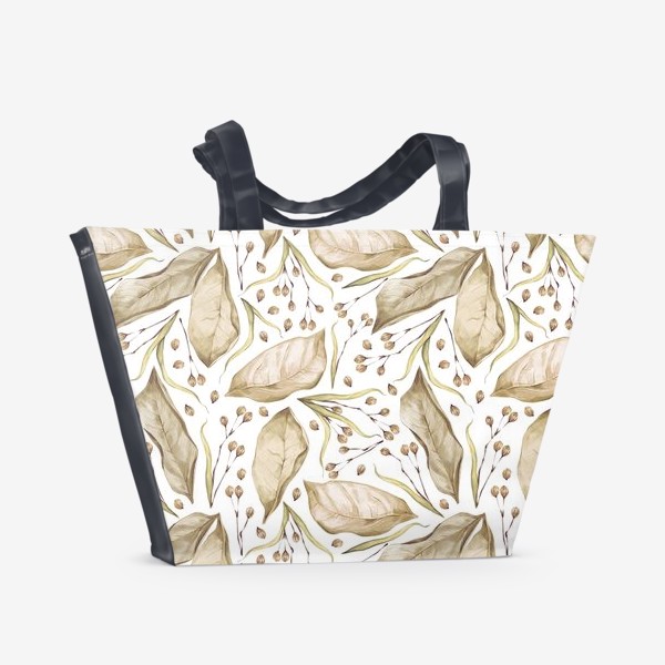 Пляжная сумка &laquo;Акварельный нарисованный вручную бесшовный фон с сухими бежевыми осенними листьями, веточками и ягодами липы&raquo;