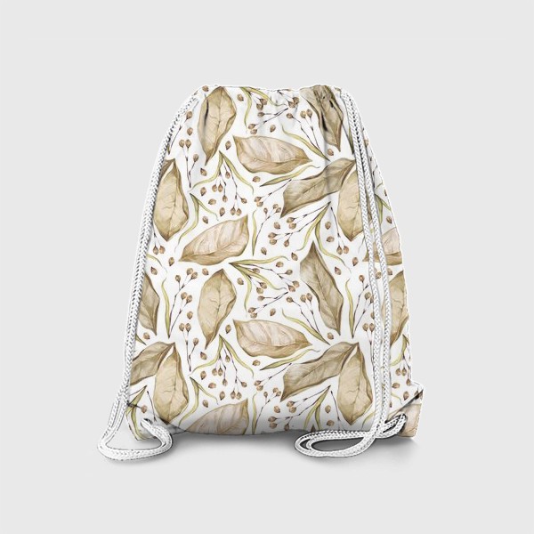 Рюкзак «Акварельный нарисованный вручную бесшовный фон с сухими бежевыми осенними листьями, веточками и ягодами липы»