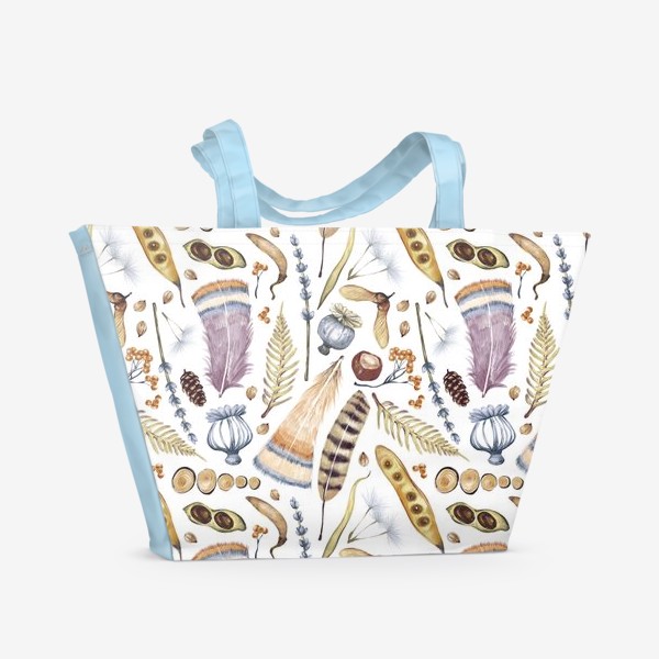Пляжная сумка «Акварельный нарисованный вручную бесшовный фон с лесными растениями, элементами, перьями, желудями, каштанами, листьями»