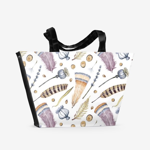 Пляжная сумка «Акварельный нарисованный вручную бесшовный фон с лесными растениями, элементами, перьями, желудями, каштанами, листьями»