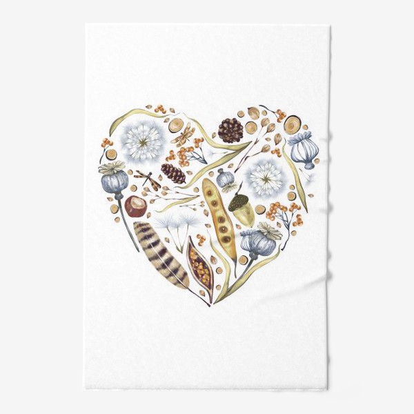 Полотенце «Акварельная нарисованная вручную иллюстрация в виде сердца с лесными элементами, перьями, желудями, каштанами, листьями»