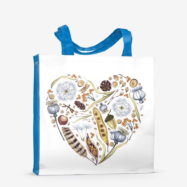 Сумка-шоппер «Акварельная нарисованная вручную иллюстрация в виде сердца с лесными элементами, перьями, желудями, каштанами, листьями»