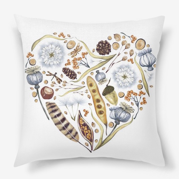 Подушка «Акварельная нарисованная вручную иллюстрация в виде сердца с лесными элементами, перьями, желудями, каштанами, листьями»