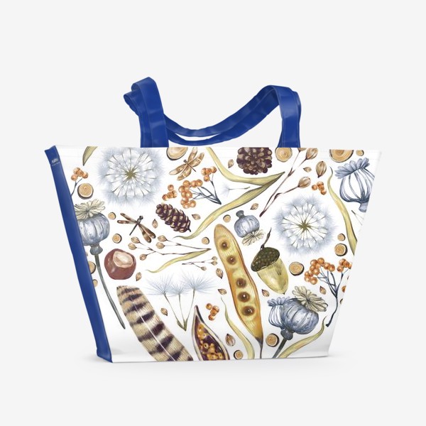 Пляжная сумка «Акварельная нарисованная вручную иллюстрация в виде сердца с лесными элементами, перьями, желудями, каштанами, листьями»