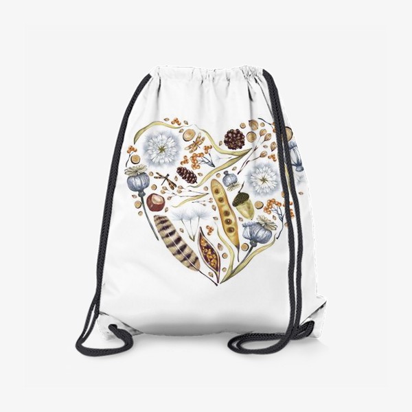 Рюкзак «Акварельная нарисованная вручную иллюстрация в виде сердца с лесными элементами, перьями, желудями, каштанами, листьями»