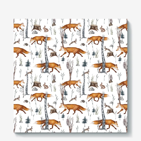 Холст «Акварельный нарисованный вручную бесшовный фон с яркими иллюстрациями рыжих лис. Лесные животные, лиса в лесу, зайцы»