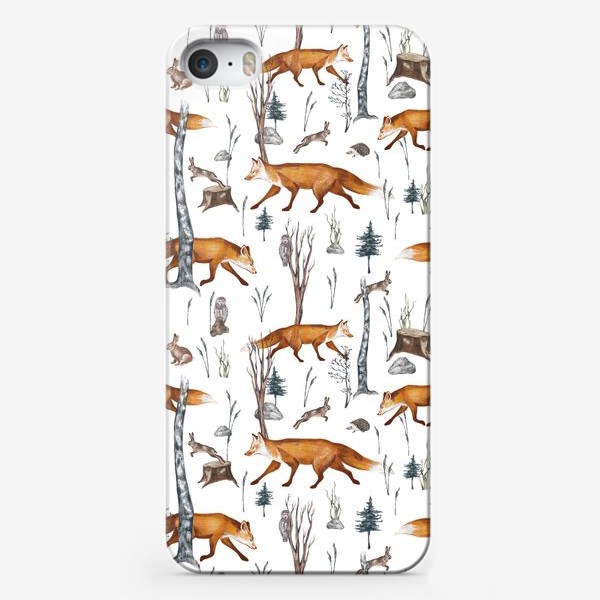 Чехол iPhone «Акварельный нарисованный вручную бесшовный фон с яркими иллюстрациями рыжих лис. Лесные животные, лиса в лесу, зайцы»
