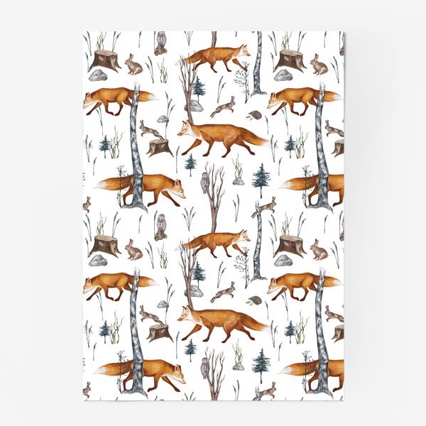 Постер «Акварельный нарисованный вручную бесшовный фон с яркими иллюстрациями рыжих лис. Лесные животные, лиса в лесу, зайцы»