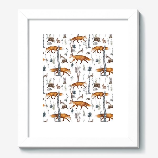 Картина «Акварельный нарисованный вручную бесшовный фон с яркими иллюстрациями рыжих лис. Лесные животные, лиса в лесу, зайцы»