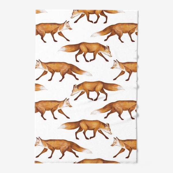 Полотенце «Акварельный нарисованный вручную бесшовный фон с яркими иллюстрациями рыжих лис. Лесные животные, лиса»