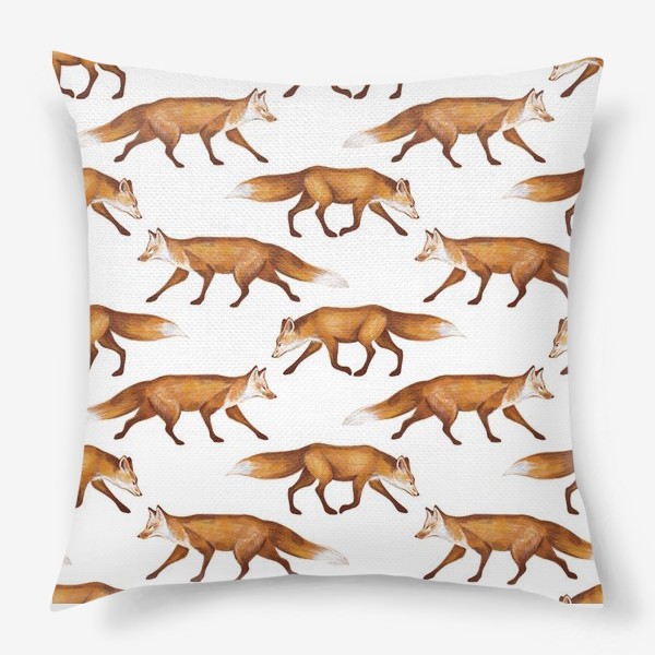 Подушка «Акварельный нарисованный вручную бесшовный фон с яркими иллюстрациями рыжих лис. Лесные животные, лиса»