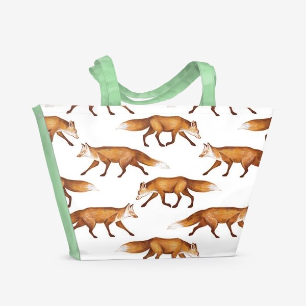 Пляжная сумка &laquo;Акварельный нарисованный вручную бесшовный фон с яркими иллюстрациями рыжих лис. Лесные животные, лиса&raquo;