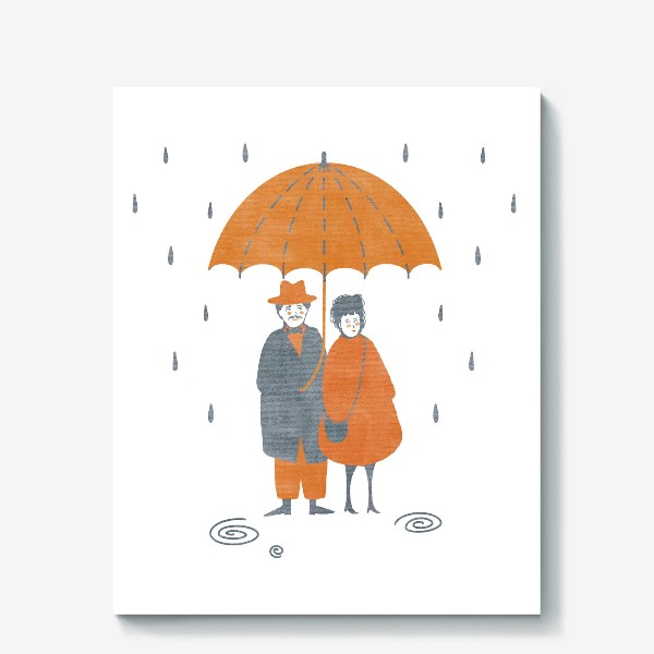 Холст «Акварельная нарисованная вручную осенняя иллюстрация с влюбленной парой, стоящей под зонтом во время дождя. Лужи, дождь»