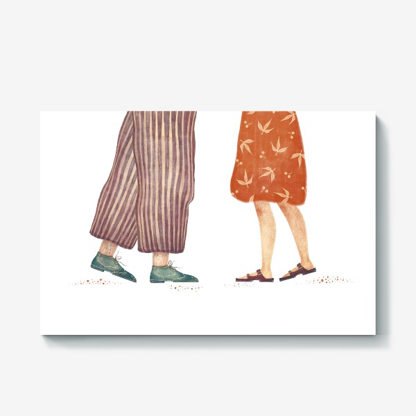 Холст «Акварельная нарисованная вручную иллюстрация с влюбленной парой. Ноги. Поцелуй, любовь»