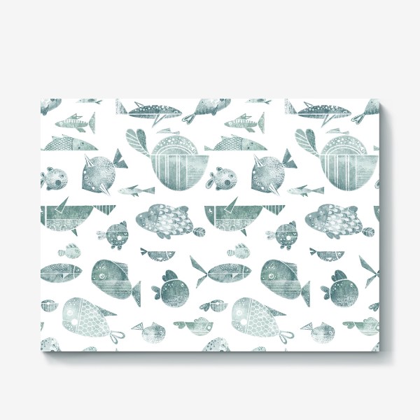Холст &laquo;Акварельный нарисованный вручную бесшовный фон с яркими морскими иллюстрациями стилизованных рыб. Подводный мир &raquo;