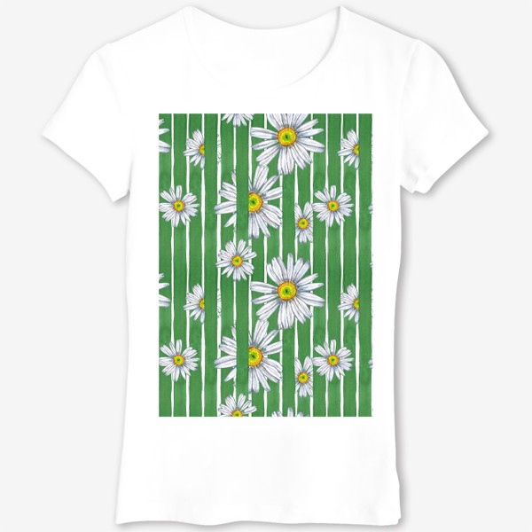 Футболка &laquo;Летний паттерн Белые ромашки на зеленых полосках&raquo;