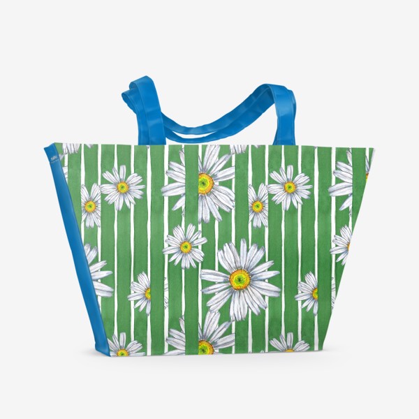 Пляжная сумка «Летний паттерн Белые ромашки на зеленых полосках»