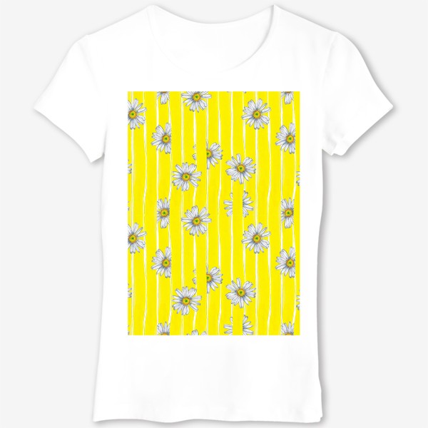 Футболка &laquo;Летний паттерн Белые ромашки на желтых полосках&raquo;