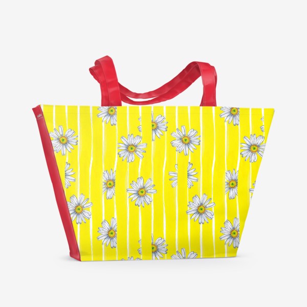 Пляжная сумка «Летний паттерн Белые ромашки на желтых полосках»