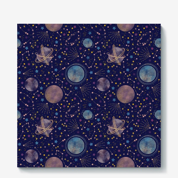 Холст «Акварельный нарисованный вручную бесшовный фон с яркими космическими иллюстрациями планет, созвездий, комет, синий фон»