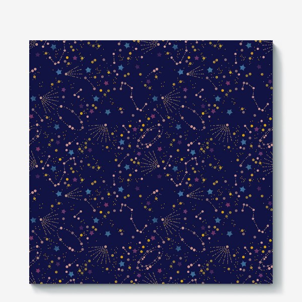 Холст «Акварельный нарисованный вручную бесшовный фон с яркими космическими иллюстрациями созвездий, комет на темном синем фоне»