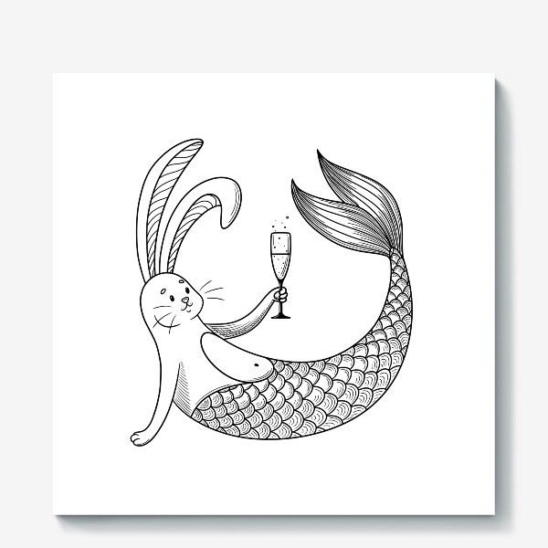 Холст «Белый кролик русалка с бокалом»