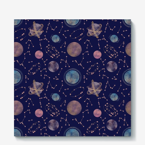 Холст «Акварельный нарисованный вручную бесшовный фон с яркими космическими иллюстрациями планет, созвездий, комет, синий фон»