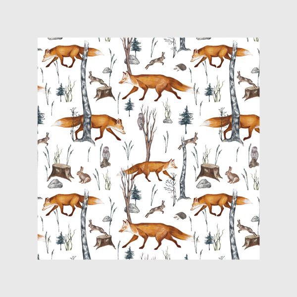Шторы «Акварельный нарисованный вручную бесшовный фон с яркими иллюстрациями рыжих лис. Лесные животные, лиса в лесу, зайцы»