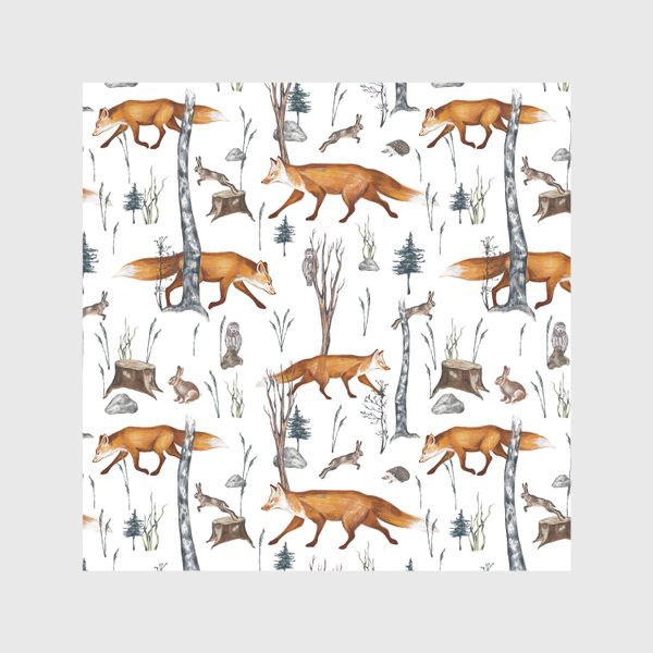 Скатерть «Акварельный нарисованный вручную бесшовный фон с яркими иллюстрациями рыжих лис. Лесные животные, лиса в лесу, зайцы»