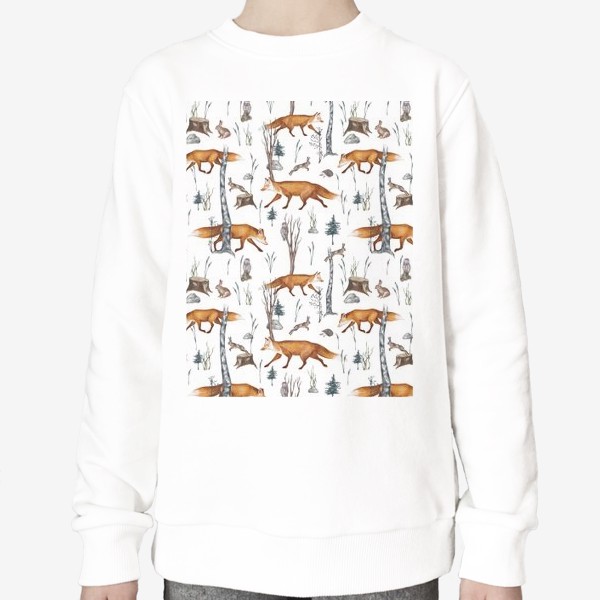 Свитшот «Акварельный нарисованный вручную бесшовный фон с яркими иллюстрациями рыжих лис. Лесные животные, лиса в лесу, зайцы»