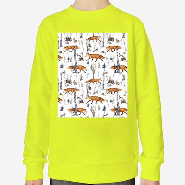 Свитшот «Акварельный нарисованный вручную бесшовный фон с яркими иллюстрациями рыжих лис. Лесные животные, лиса в лесу, зайцы»
