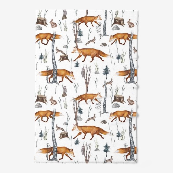 Полотенце «Акварельный нарисованный вручную бесшовный фон с яркими иллюстрациями рыжих лис. Лесные животные, лиса в лесу, зайцы»