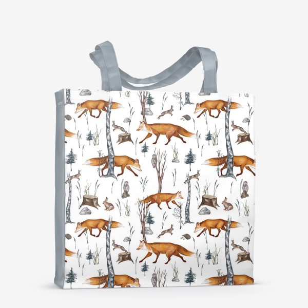 Сумка-шоппер «Акварельный нарисованный вручную бесшовный фон с яркими иллюстрациями рыжих лис. Лесные животные, лиса в лесу, зайцы»