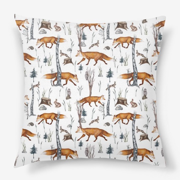 Подушка «Акварельный нарисованный вручную бесшовный фон с яркими иллюстрациями рыжих лис. Лесные животные, лиса в лесу, зайцы»