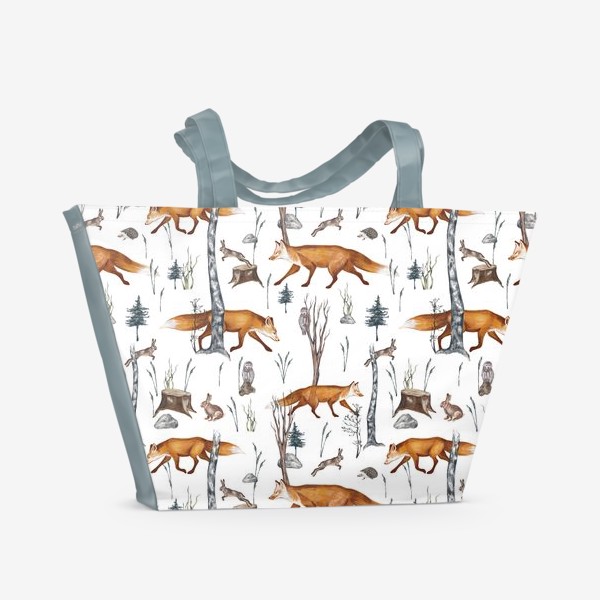 Пляжная сумка «Акварельный нарисованный вручную бесшовный фон с яркими иллюстрациями рыжих лис. Лесные животные, лиса в лесу, зайцы»