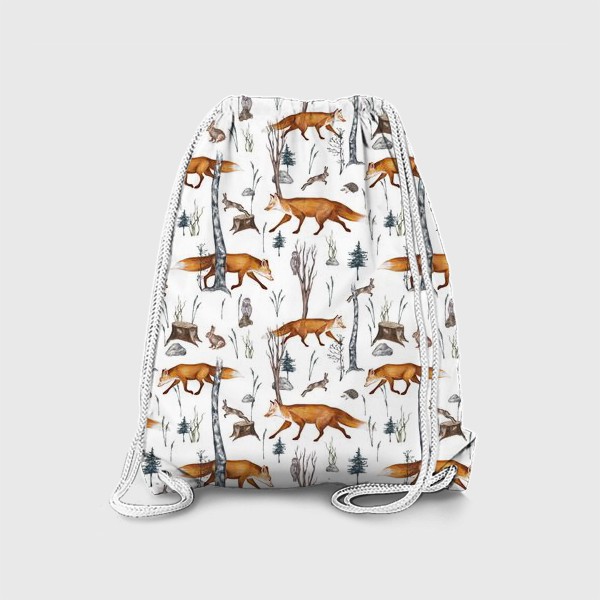 Рюкзак «Акварельный нарисованный вручную бесшовный фон с яркими иллюстрациями рыжих лис. Лесные животные, лиса в лесу, зайцы»