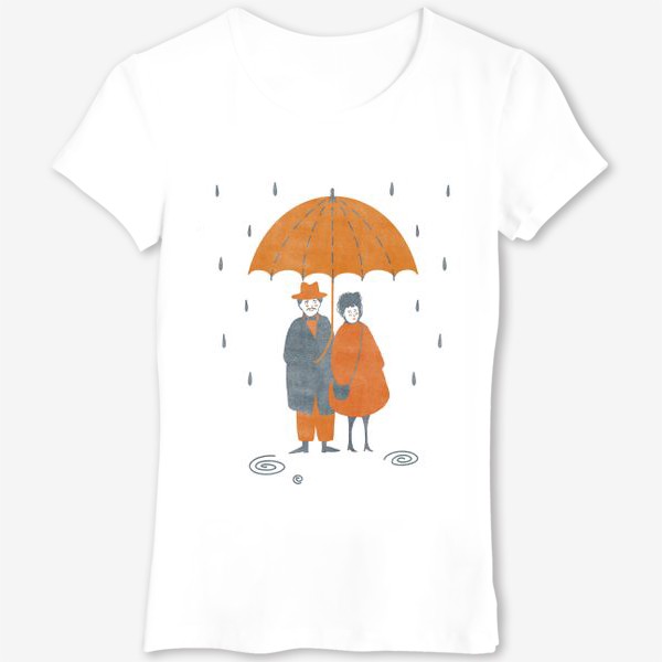 Футболка &laquo;Акварельная нарисованная вручную осенняя иллюстрация с влюбленной парой, стоящей под зонтом во время дождя. Лужи, дождь&raquo;