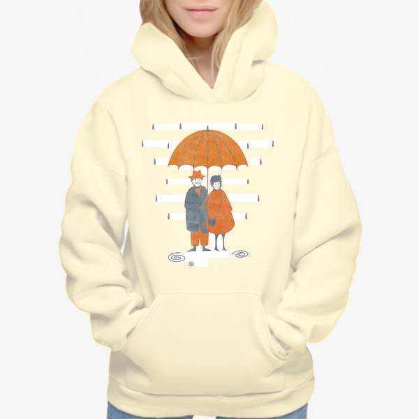 Худи «Акварельная нарисованная вручную осенняя иллюстрация с влюбленной парой, стоящей под зонтом во время дождя. Лужи, дождь»