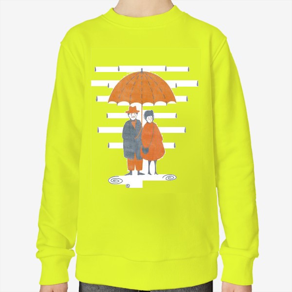 Свитшот «Акварельная нарисованная вручную осенняя иллюстрация с влюбленной парой, стоящей под зонтом во время дождя. Лужи, дождь»