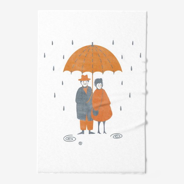 Полотенце «Акварельная нарисованная вручную осенняя иллюстрация с влюбленной парой, стоящей под зонтом во время дождя. Лужи, дождь»