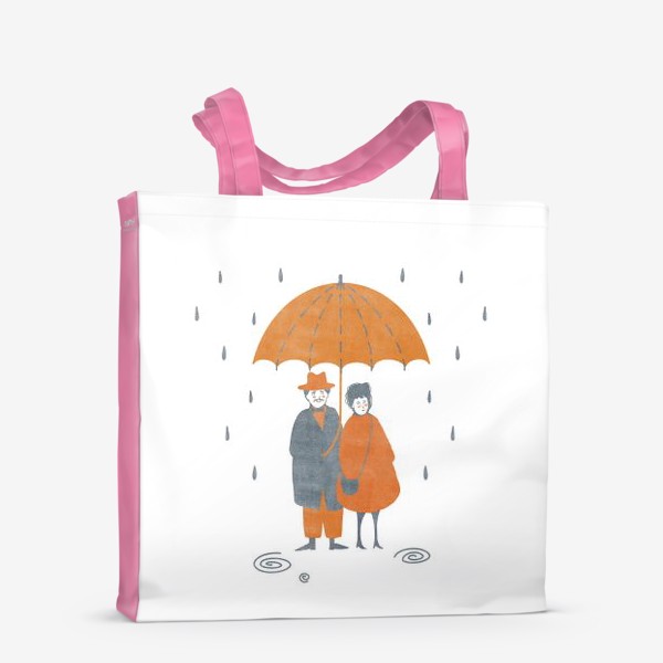 Сумка-шоппер &laquo;Акварельная нарисованная вручную осенняя иллюстрация с влюбленной парой, стоящей под зонтом во время дождя. Лужи, дождь&raquo;