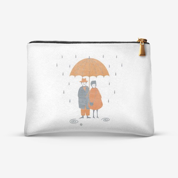 Косметичка «Акварельная нарисованная вручную осенняя иллюстрация с влюбленной парой, стоящей под зонтом во время дождя. Лужи, дождь»