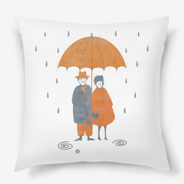 Подушка «Акварельная нарисованная вручную осенняя иллюстрация с влюбленной парой, стоящей под зонтом во время дождя. Лужи, дождь»